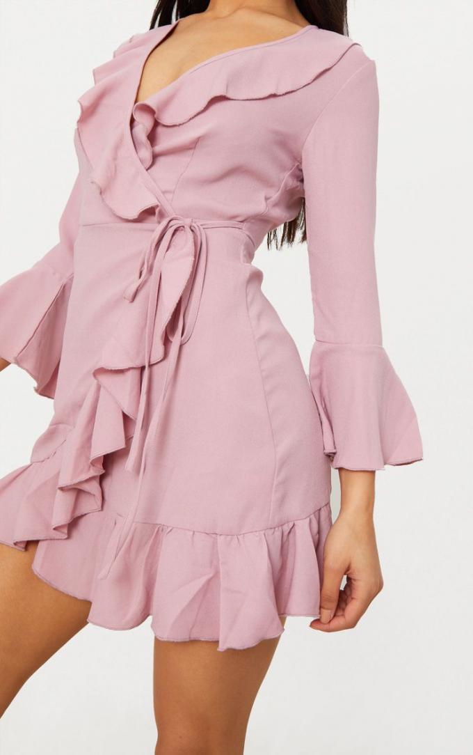 2018 Summer Fashion Women Dusty Pink Frill Tea Dress With Horn Sleeve 3