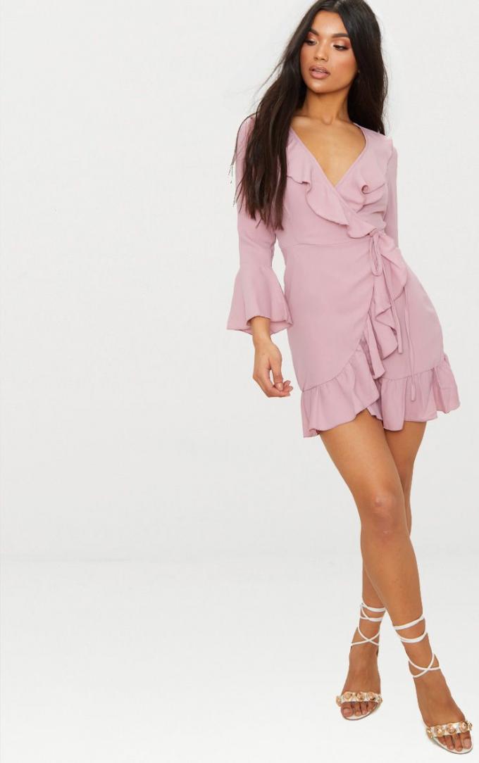 2018 Summer Fashion Women Dusty Pink Frill Tea Dress With Horn Sleeve 2