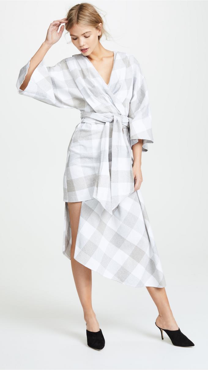 Fall Clothing Plus Size Gingham Kimono Style Wrap Dress For Women 2