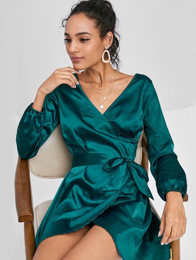 2018 Fashion Fall Clothing Women Satin Wrap Dress Long Sleeve Mini 6