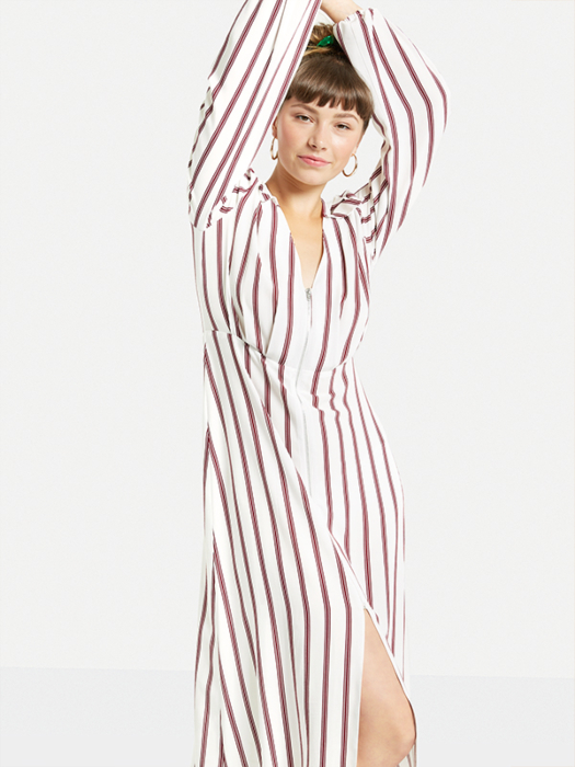 2018 New Arrival Fall Long Sleeve White and Red Striped Zip Front Sex V neck Midi Dress Ladies Autumn 2