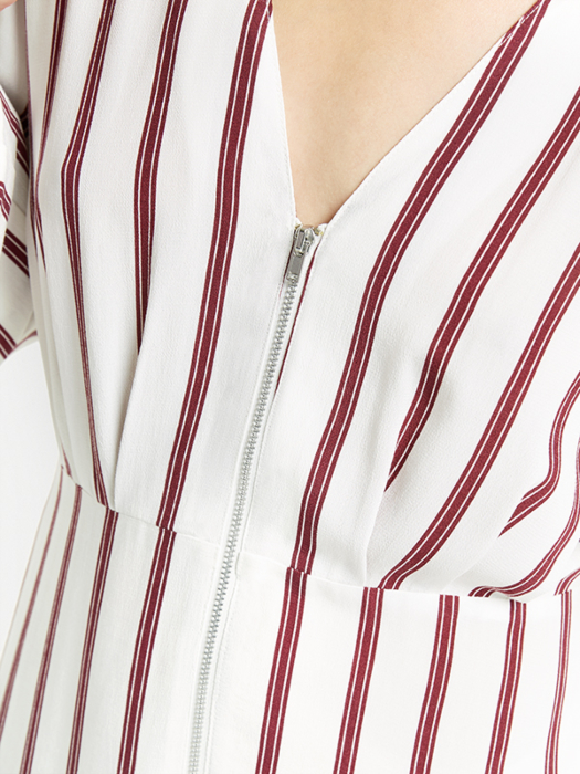 2018 New Arrival Fall Long Sleeve White and Red Striped Zip Front Sex V neck Midi Dress Ladies Autumn 5