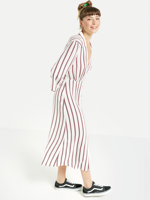 2018 New Arrival Fall Long Sleeve White and Red Striped Zip Front Sex V neck Midi Dress Ladies Autumn 4