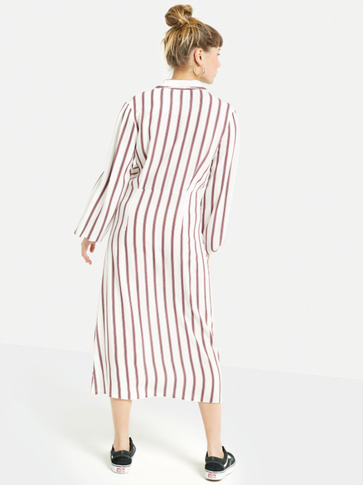 2018 New Arrival Fall Long Sleeve White and Red Striped Zip Front Sex V neck Midi Dress Ladies Autumn 3