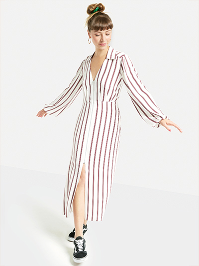 2018 New Arrival Fall Long Sleeve White and Red Striped Zip Front Sex V neck Midi Dress Ladies Autumn 6