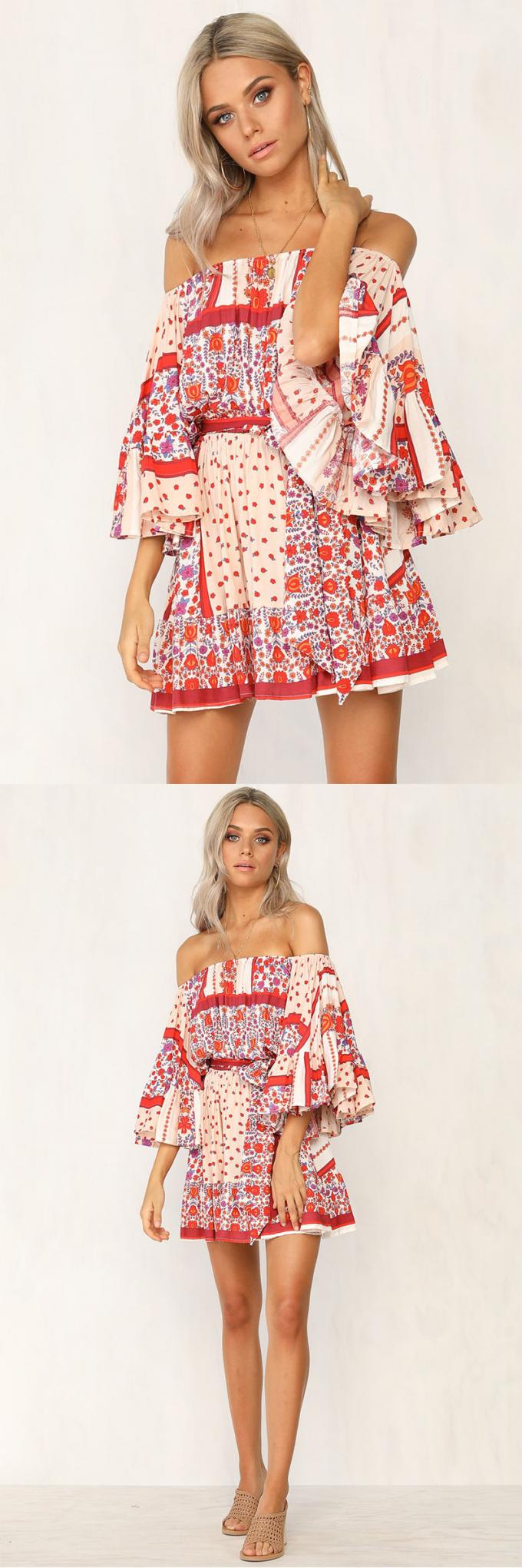Summer Dresses Women Boho Printed Off Shoulder Mini Dress 4