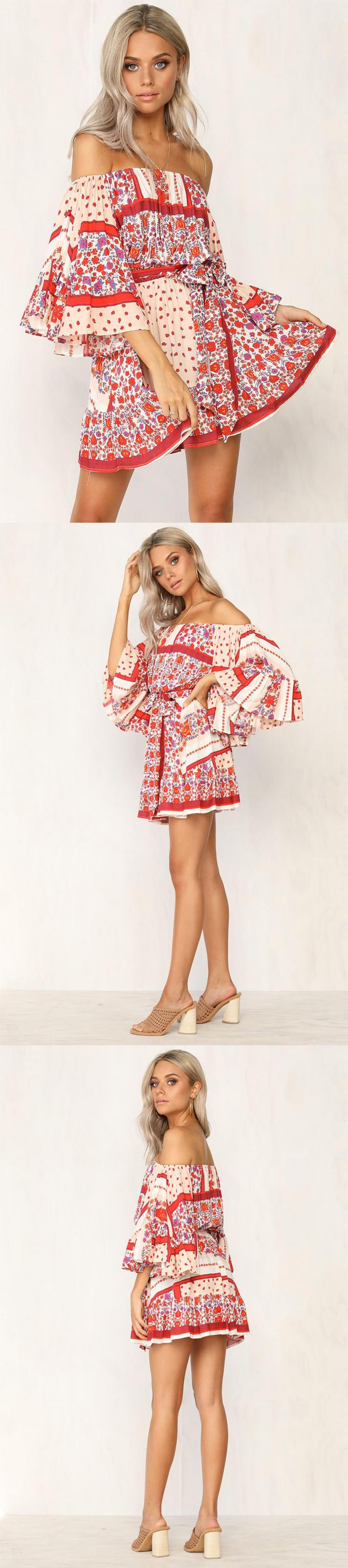Summer Dresses Women Boho Printed Off Shoulder Mini Dress 3