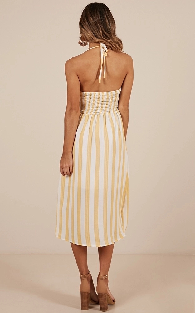 New arrival High Quality Mustard Stripe Beach Dress Summer Women Maxi Dress Ladies Sleeveless 4