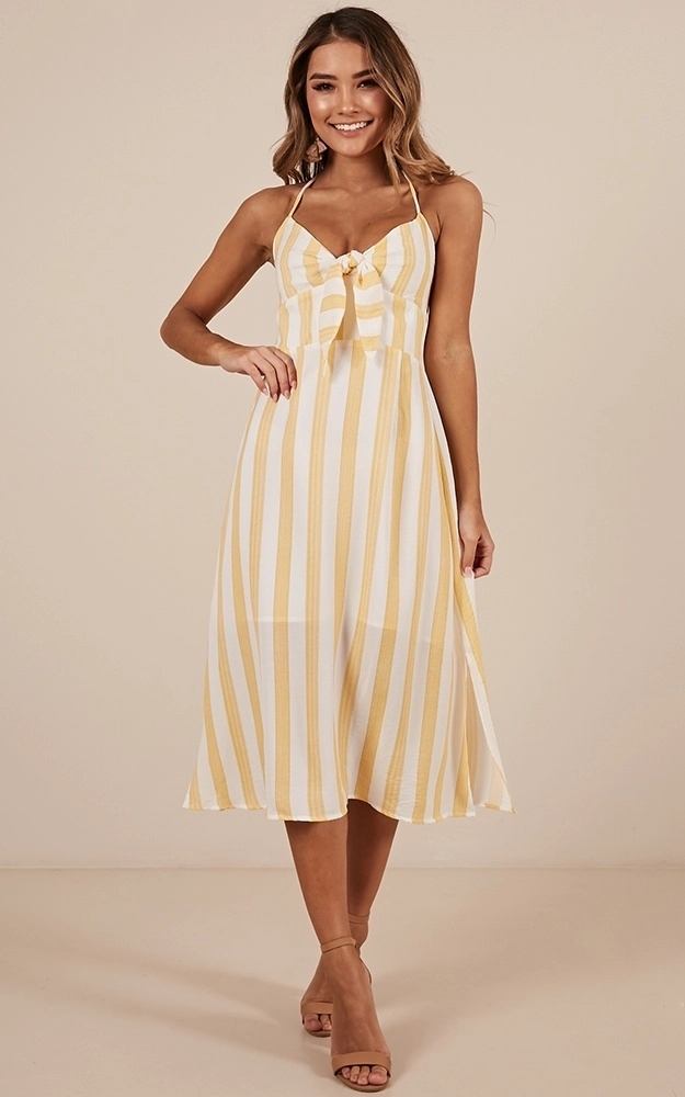 New arrival High Quality Mustard Stripe Beach Dress Summer Women Maxi Dress Ladies Sleeveless 7