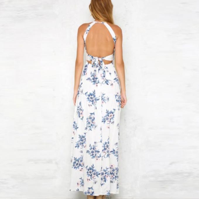 Bohemian Halter Backless Sleeveless Floral Printed Slit Maxi Long Dress for Woman 4