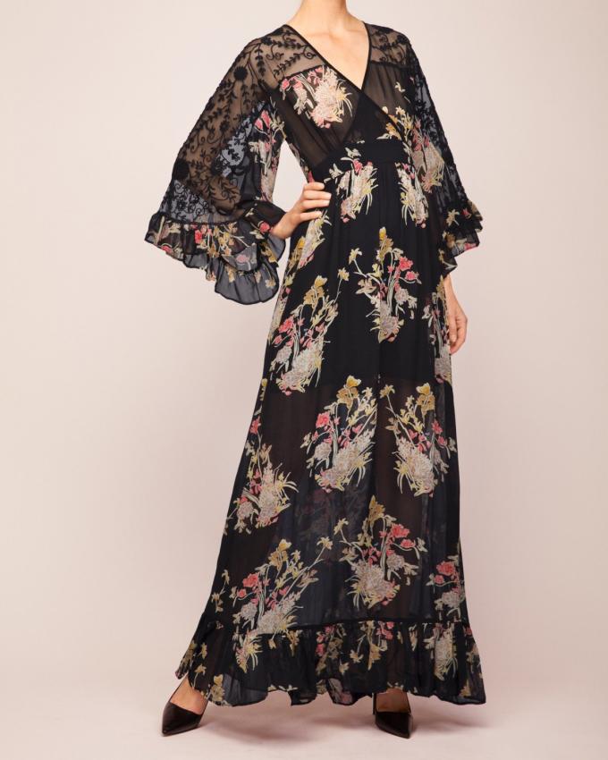 Fashion Design Empire Waist Floral Embroidered V-Neckline Maxi Woman Dress 4
