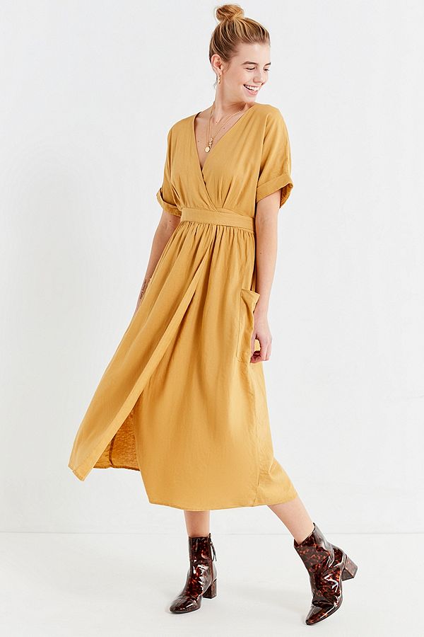 Latest Gold Linen Maxi Long Wrap V-neck Woman Dress with Pockets 3