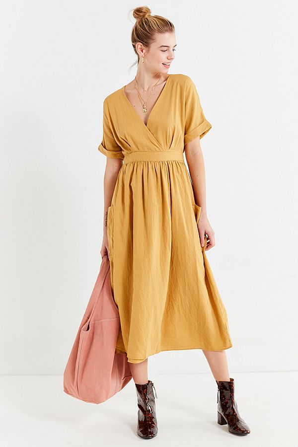 Latest Gold Linen Maxi Long Wrap V-neck Woman Dress with Pockets 2