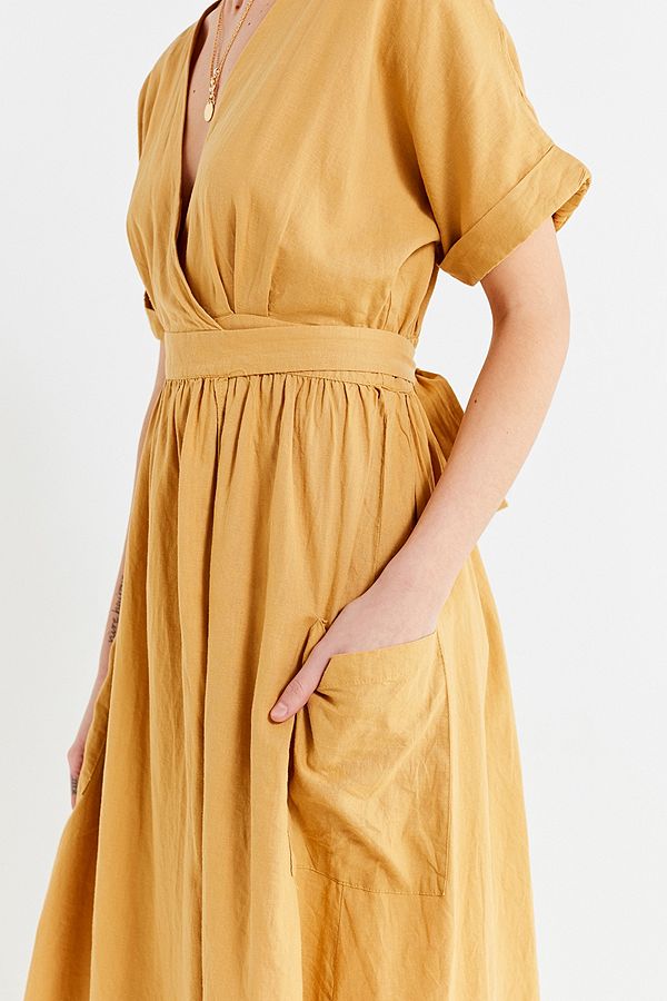 Latest Gold Linen Maxi Long Wrap V-neck Woman Dress with Pockets 5