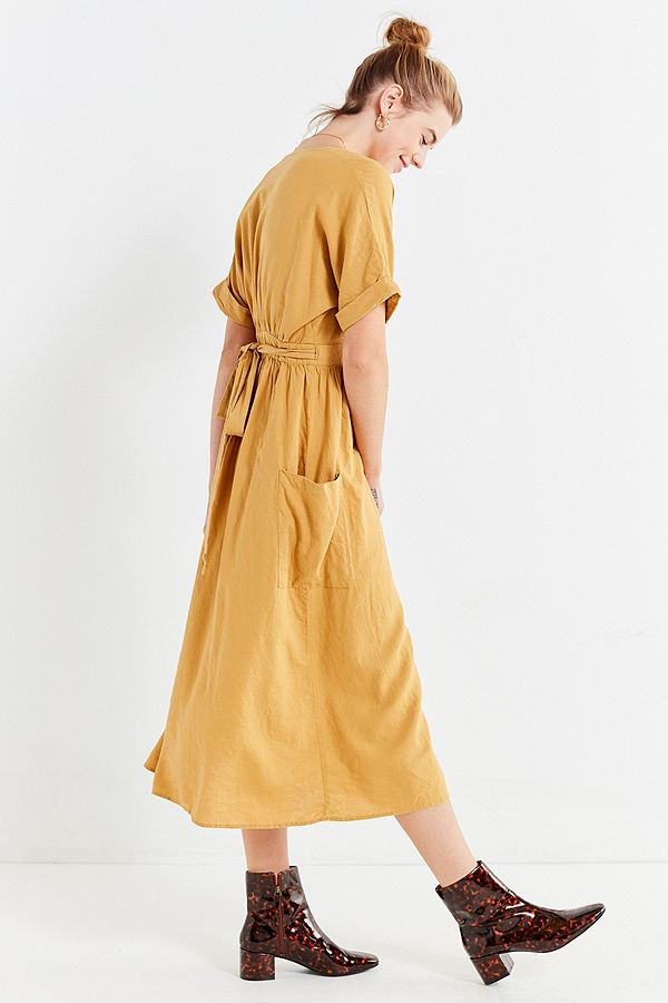 Latest Gold Linen Maxi Long Wrap V-neck Woman Dress with Pockets 6