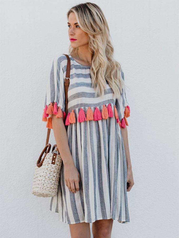 Women Casual Striped Dresses With Color Tassel 6