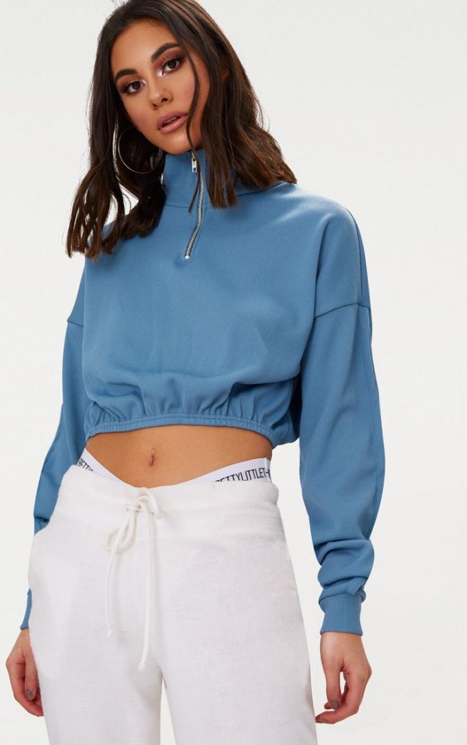 Zip front crop sweater long sleeves blue 6
