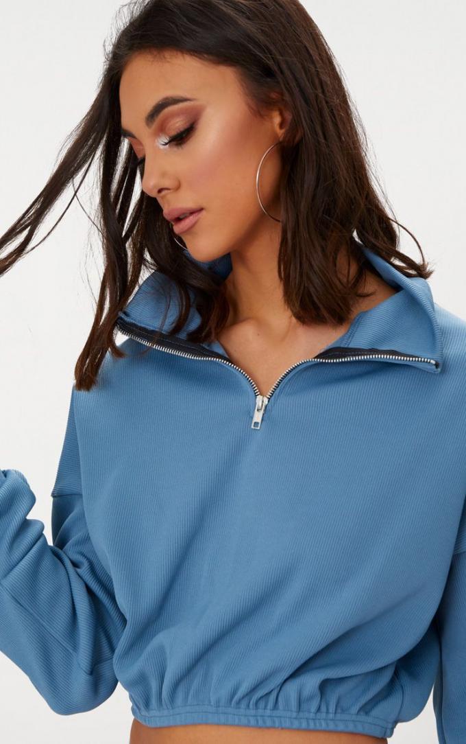 Zip front crop sweater long sleeves blue 5