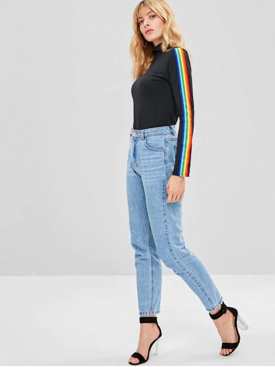 New Fashion Rainbow Stripe Long Sleeve Cotton T Shirt 5