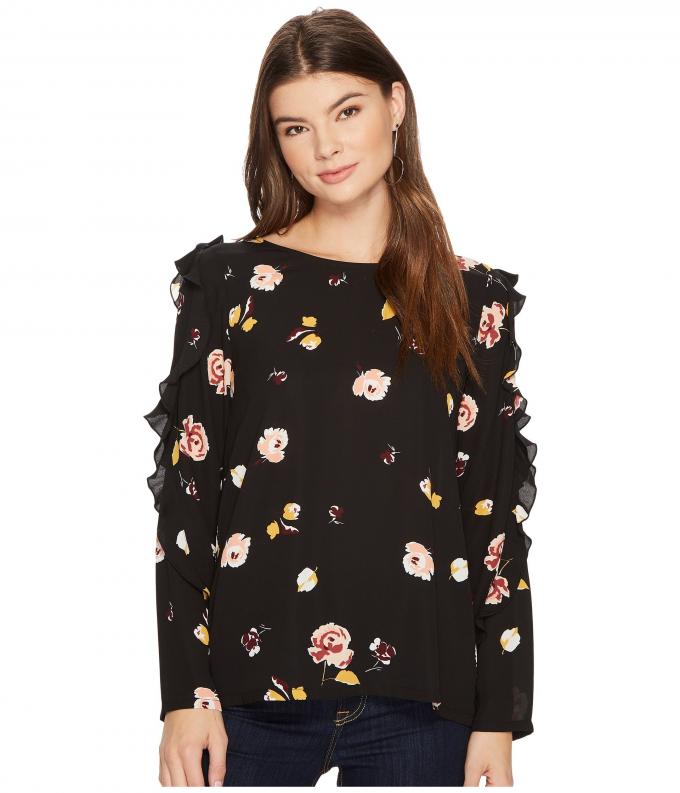 Fall Clothing W Ruffle Long Sleeve Detail Black Blouse Floral Ladies Tops 2
