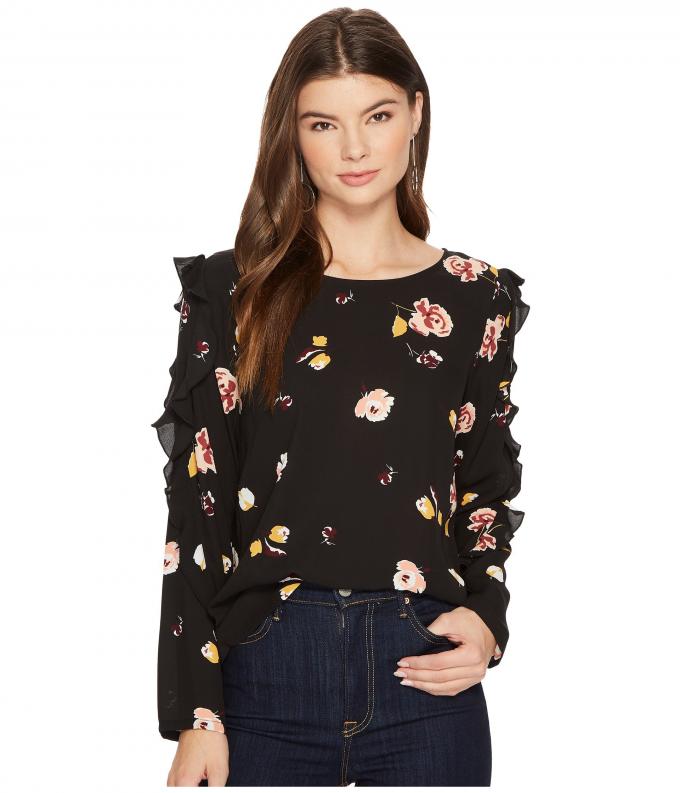 Fall Clothing W Ruffle Long Sleeve Detail Black Blouse Floral Ladies Tops 5