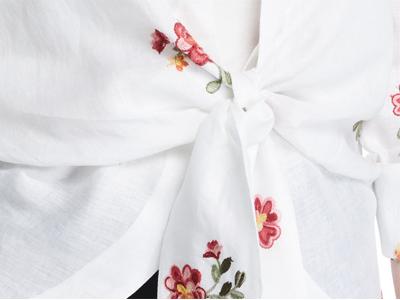 Embroidered Tie-Front Plus Size Korean Fashion Design Linen Women Blouse Ladies 6