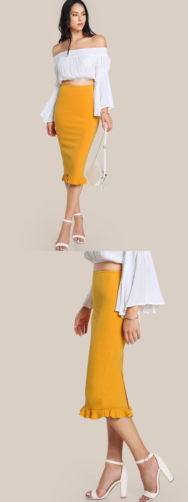 Fashion 2018 Yellow Package Hip Pencil Office Skirts Women 2
