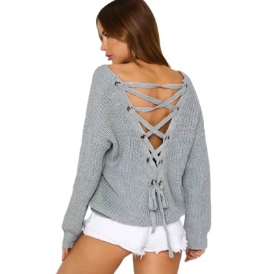 Wholesale Price V Neck Back Lace Up Pullover Sweater For Women