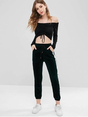 Women Off Shoulder And Long Sleeve Drawstring Front Crop T-shirt