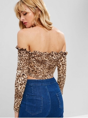 Women Frill Leopard Off Shoulder Crop T-shirt