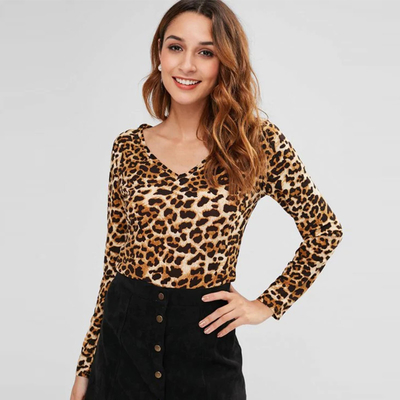 Autumn Long Sleeve And V Neck Leopard Tee Tight T-shirt Women