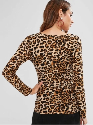 Autumn Long Sleeve And V Neck Leopard Tee Tight T-shirt Women