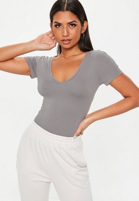Grey V Neck Fitted T Shirt Clothing Women