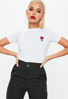 White Rose Embroidered Crop T Shirt Clothing Women