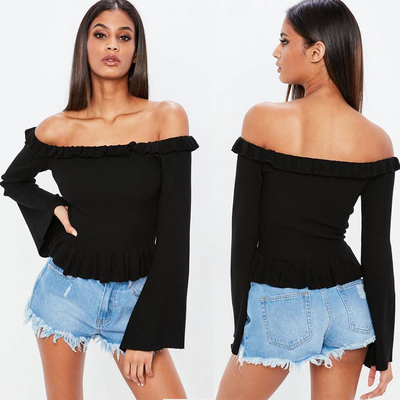 Spring Black Frill Knit Woman Crop Top Clothing Tops