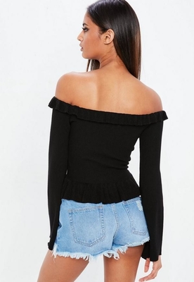 Spring Black Frill Knit Woman Crop Top Clothing Tops