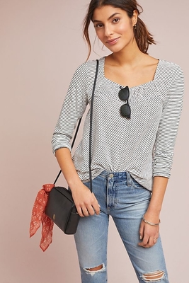 Women Square Neck Long Sleeve Slim Blouse with Striped