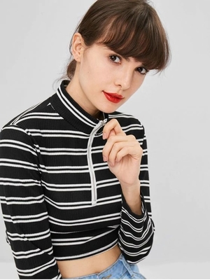 Trendy Women Clothing Stripe Long Sleeve O Ring Zip Crop Tee Top
