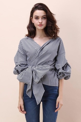 Fall Clothing Blouse Ladies Gingham Tops Women Wrap Top