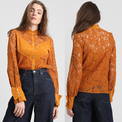 2019 Fall Apparel for Women New Arrival Lace Brown Long Sleeve Blouse Tops