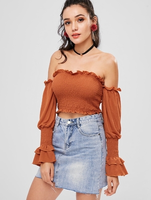 Off The Shoulder Ladies Ruffle Long Sleeve louses Shoulder Off Smocked Crop top for Women