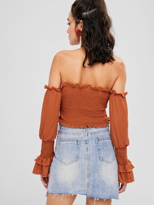 Off The Shoulder Ladies Ruffle Long Sleeve louses Shoulder Off Smocked Crop top for Women