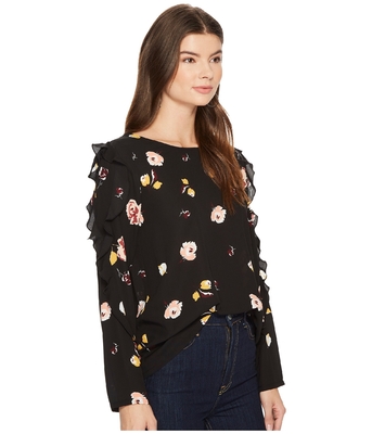 Fall Clothing W Ruffle Long Sleeve Detail Black Blouse Floral Ladies Tops
