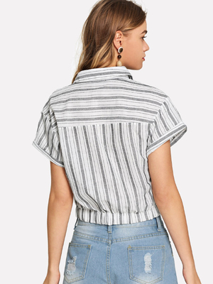 2019 Fashion women stripe design blouse with shirt collar