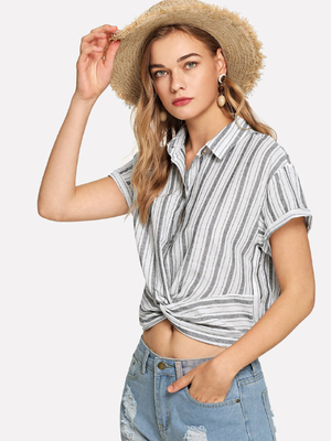 2019 Fashion women stripe design blouse with shirt collar