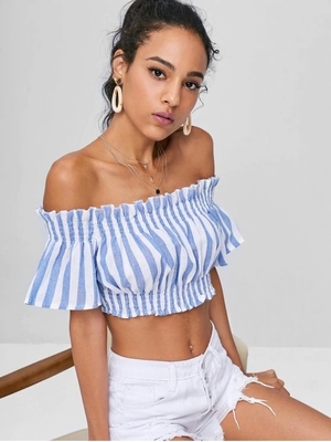 Apparel Womens Striped Off Shoulder Cropped Top