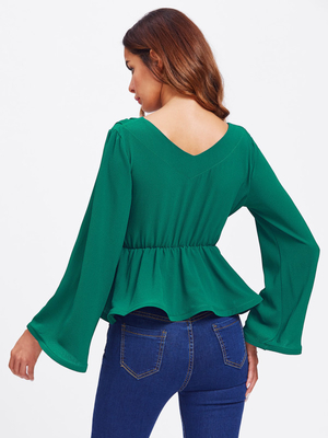 Bell Sleeve Wrap Blouse with Deep V Neck