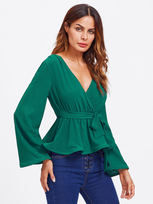 Bell Sleeve Wrap Blouse with Deep V Neck