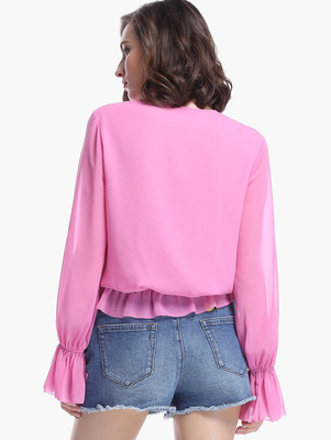 Women Fashionable Long Sleeve Pink Blouse With Ruffles