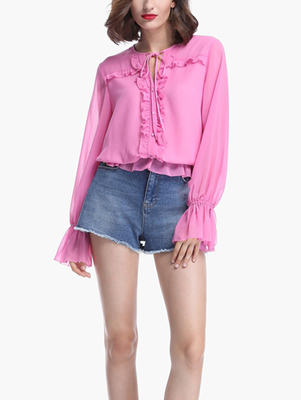 Women Fashionable Long Sleeve Pink Blouse With Ruffles